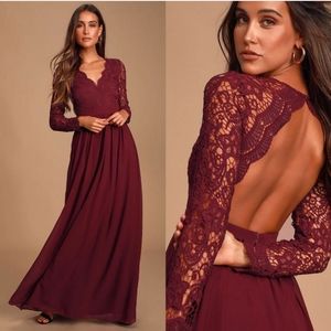 Lulu’s Awaken My Love Burgundy Long Sleeve Lace Maxi Dress Size M